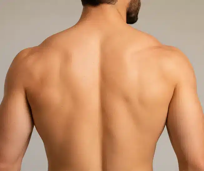 Back view of a shirtless man showing broad shoulders and a muscular upper back.