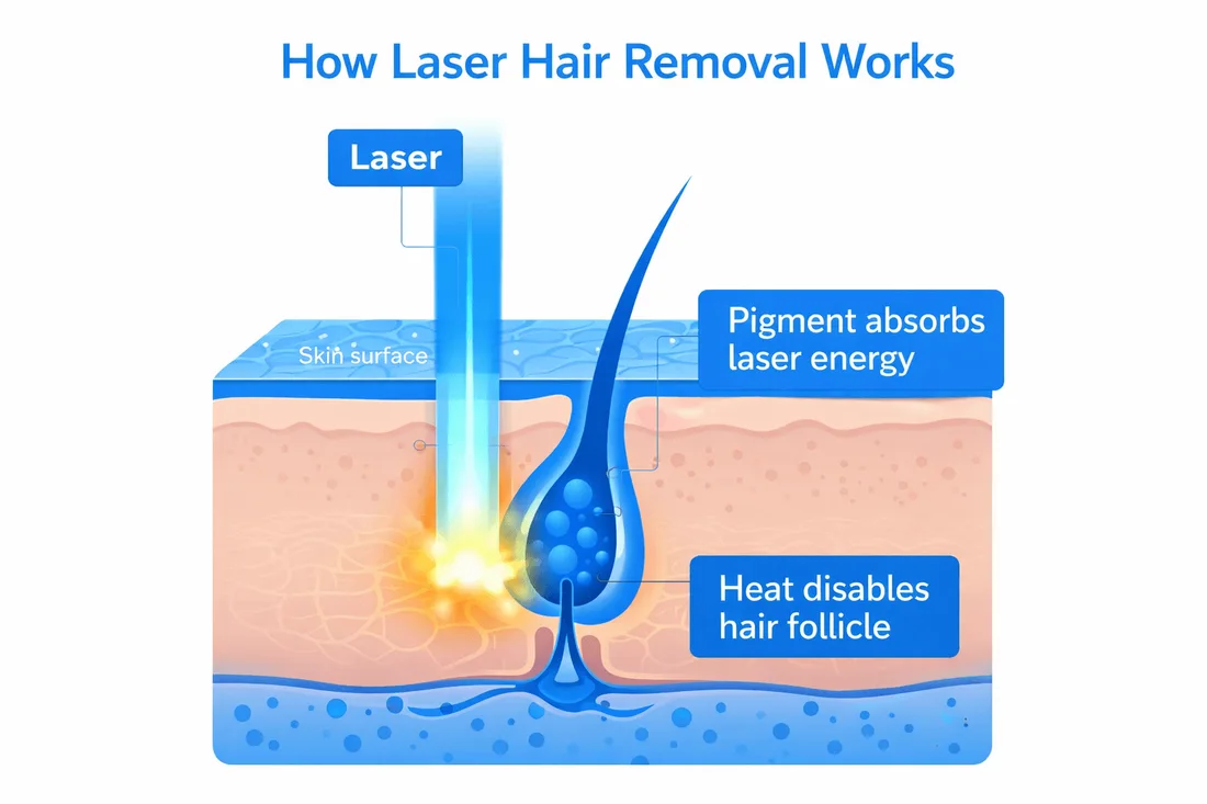 Diagram explaining how laser energy targets hair follicles