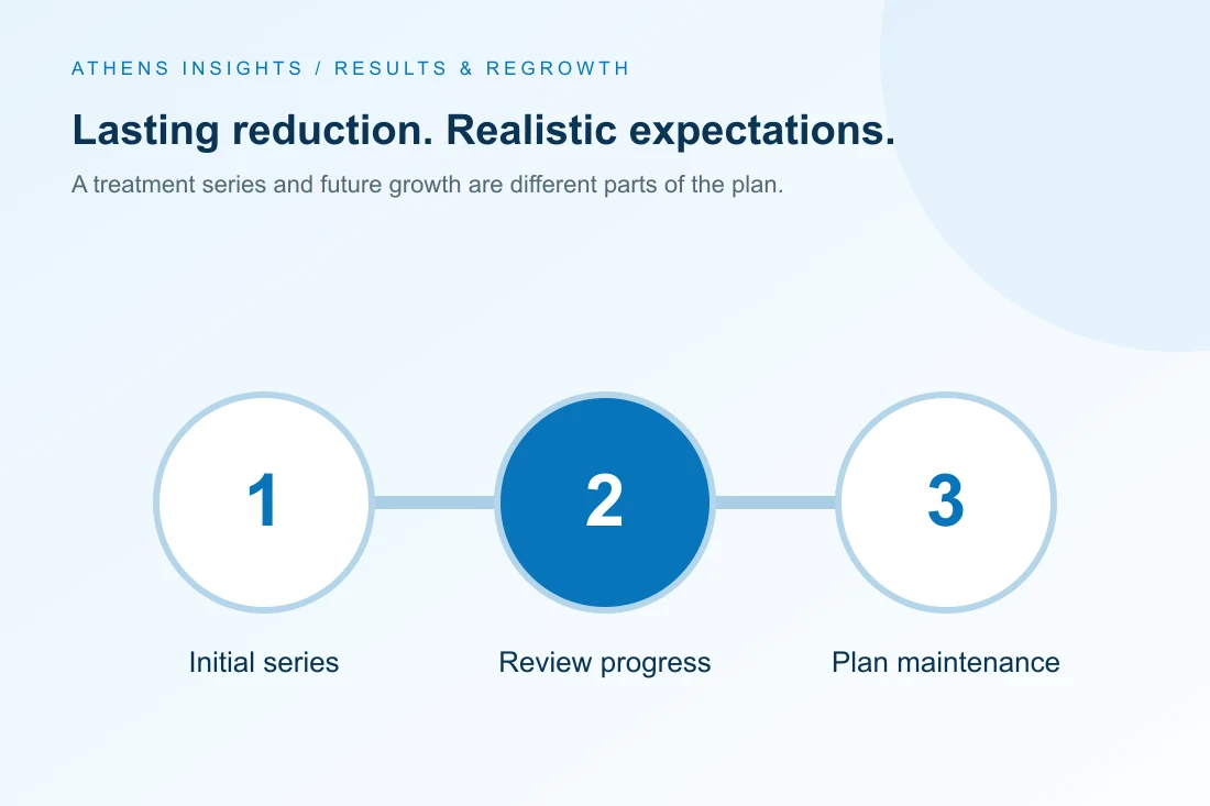Illustrated timeline: initial treatment series, progress review, and maintenance