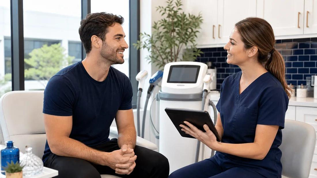 A man discussing his laser hair removal treatment plan