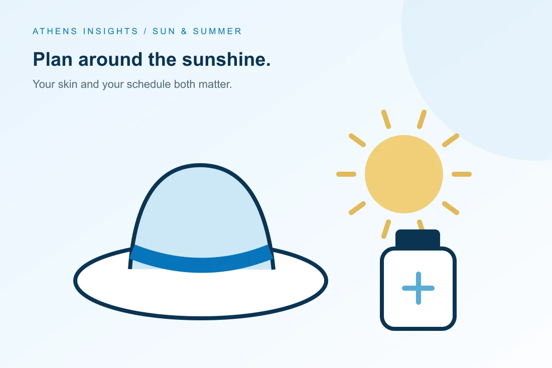 A sun hat and sun-protection bottle beneath the sun