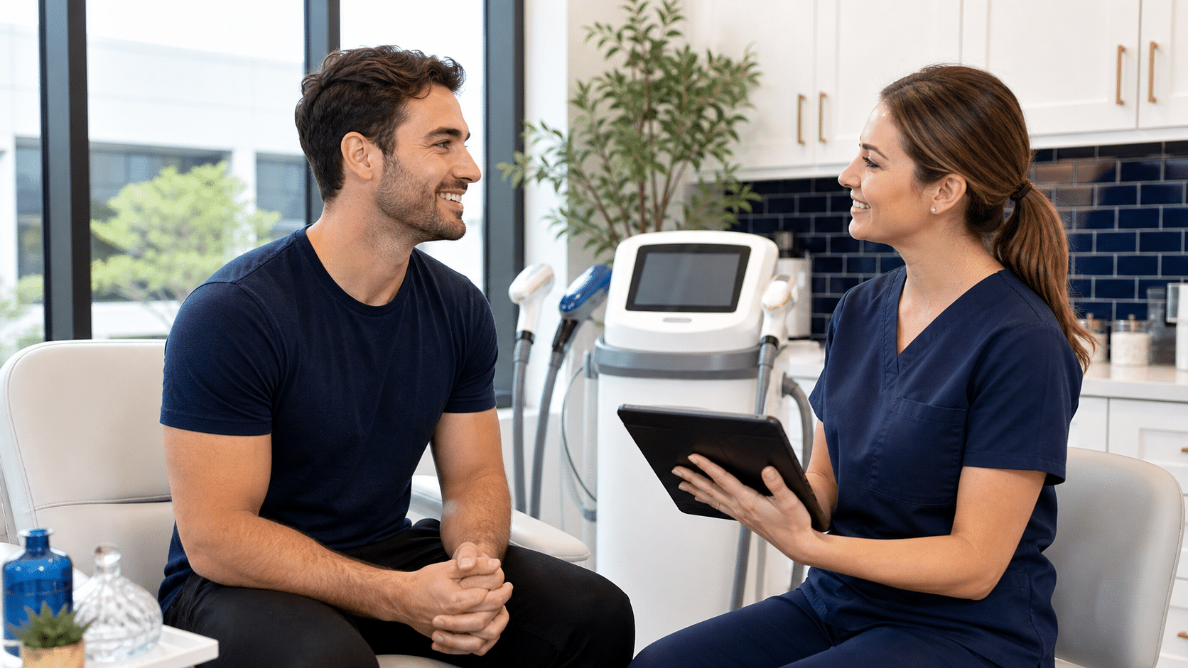 Man discussing personalized laser hair removal options with a technician in a modern clinic
